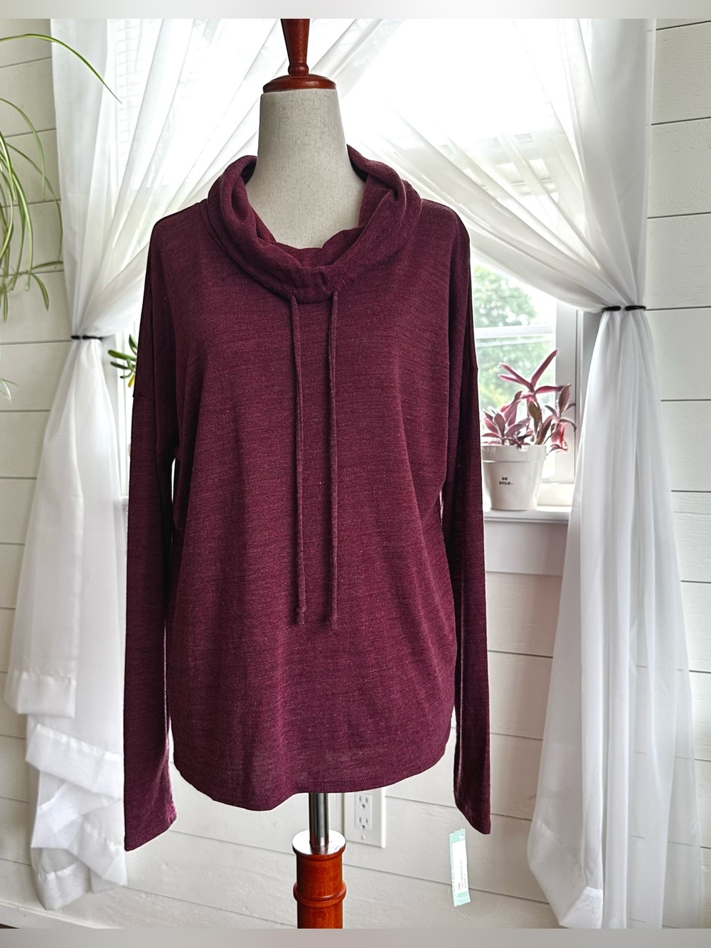 CHASER Cowl Neck Drawstring Knit Top Burgundy Size Small